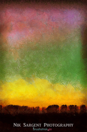 Fen treeline at sunset in the style of Cezanne